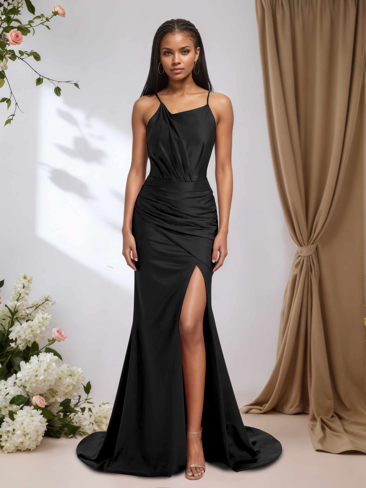 monica bridesmaid dresses Asymmetric Neckline Satin with Side Split – Cathnina Color:Emerald green Hollow to hem 147cm). Sexy and Sleek US Army green service