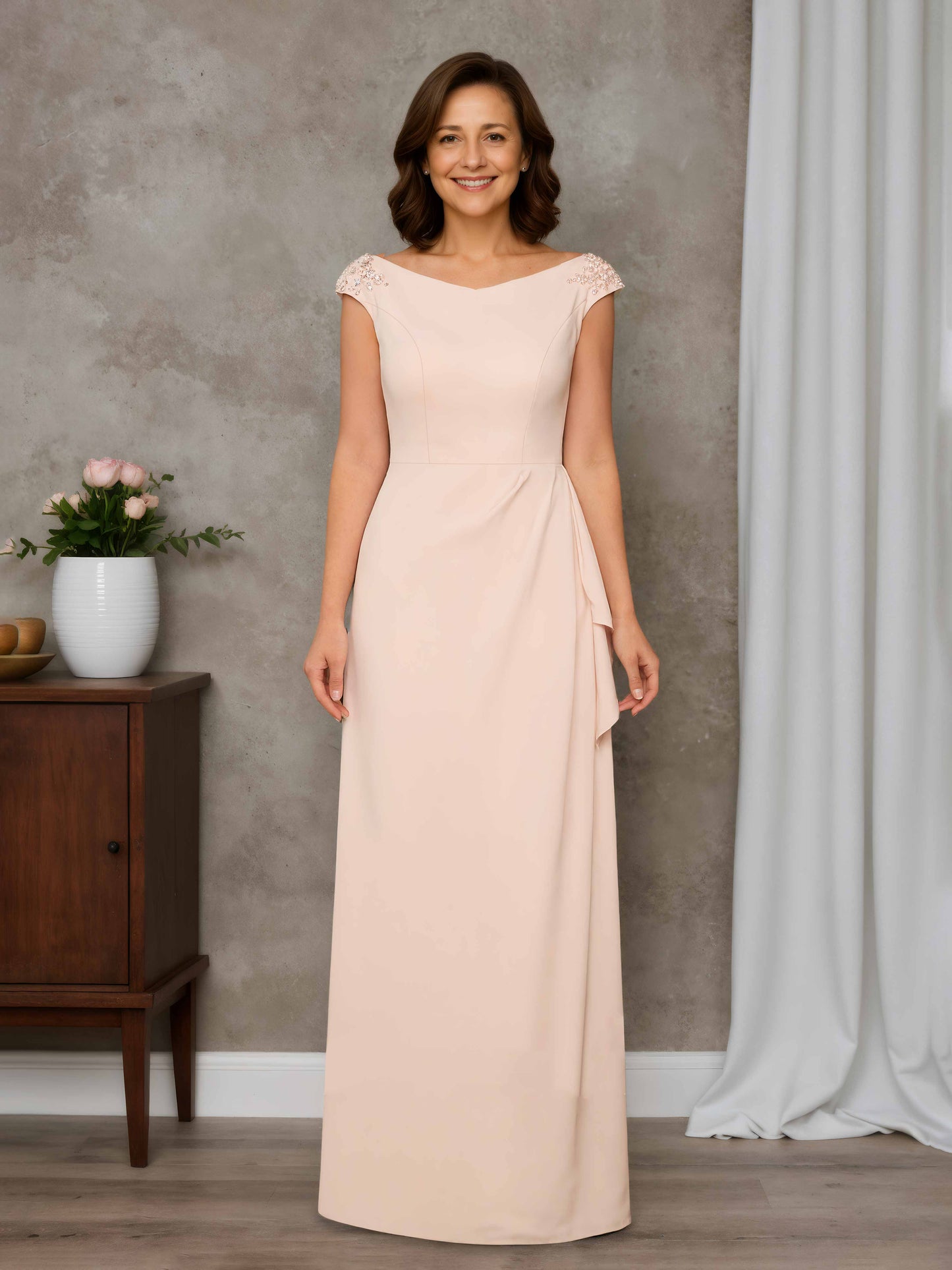 Nariel Sheath Bateau Lace Appliques Floor-Length Stretch Crepe Mother of the Bride Dresses