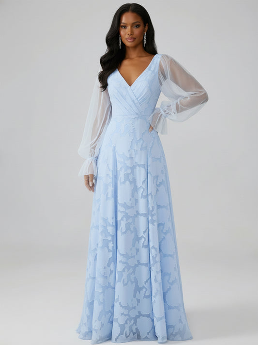 Naya A-Line V-neck Long Sleeves Tulle Floor-Length Floral Lace Bridesmaid Dresses