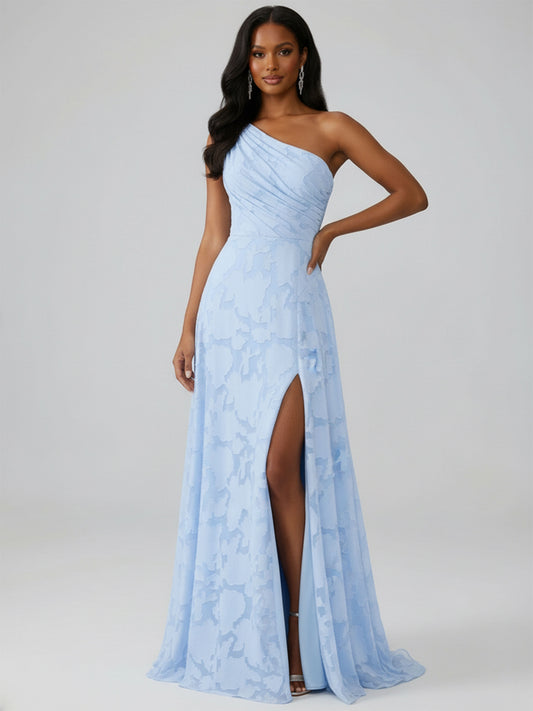 Nella A-Line One Shoulder Sleeveless Floor-Length Floral Lace Long Bridesmaid Dresses With Slit