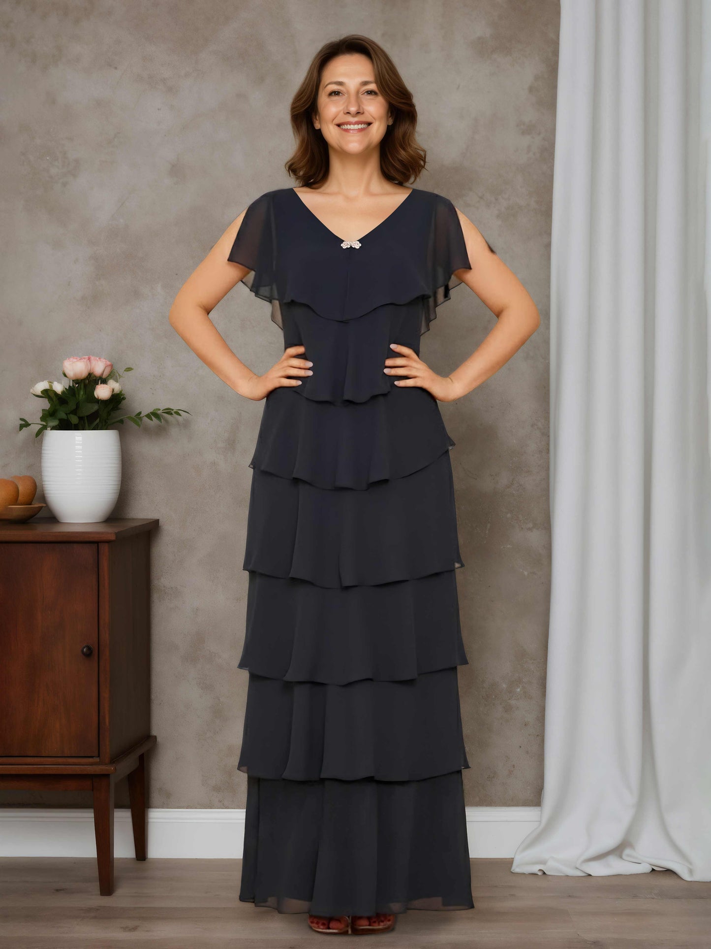 Noa Chic Sheath V-neck Short Sleeves Ankle-Length Tiered Chiffon Mother of the Bride Dresses