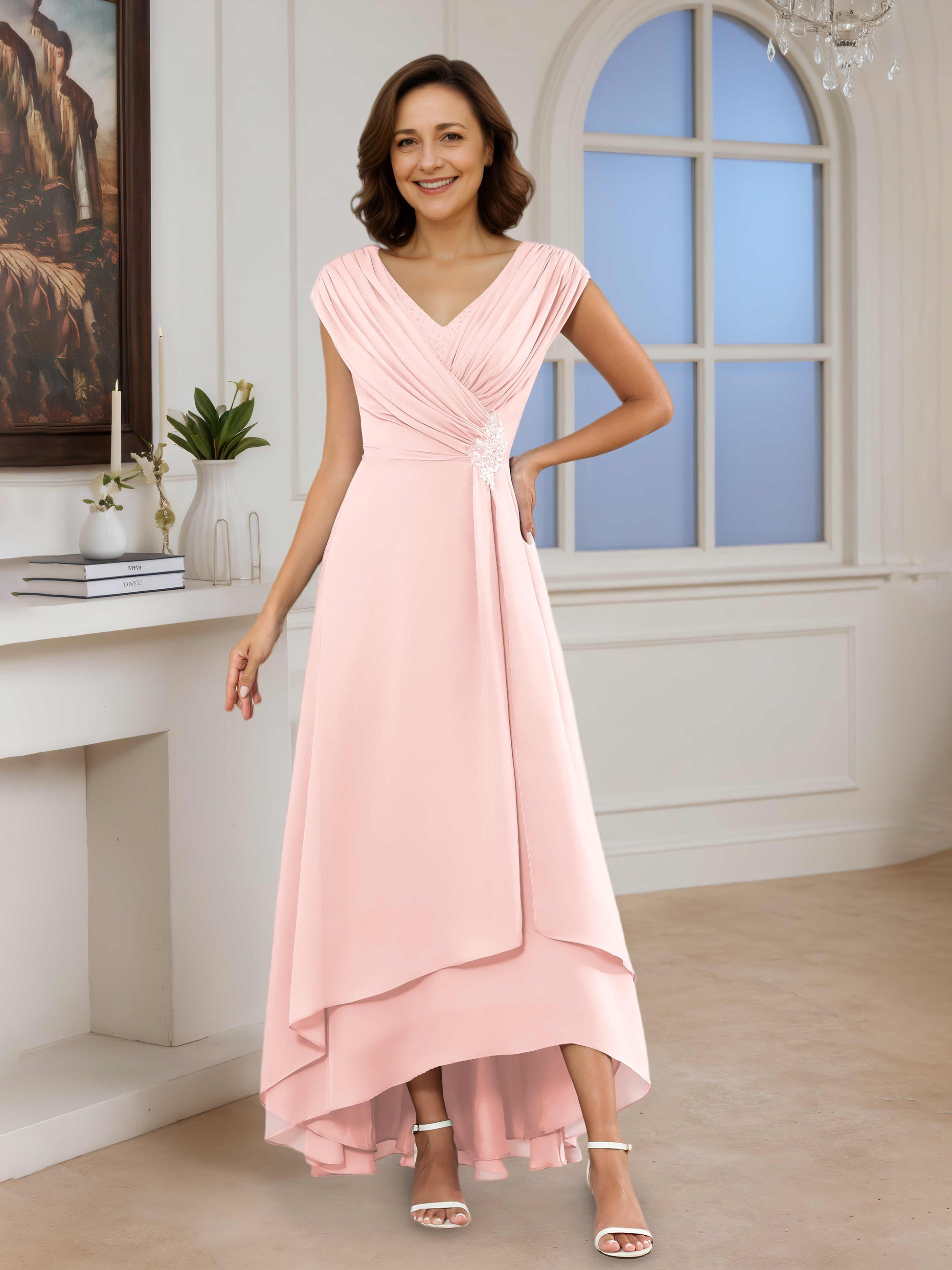Noraya Modest A-Line V-Neck Beaded Ruched High Low Chiffon Mother Of T Cathnina Noraya Modest A-Line V-Neck Beaded Ruched High Low Chiffon Mother Of T Cathnina