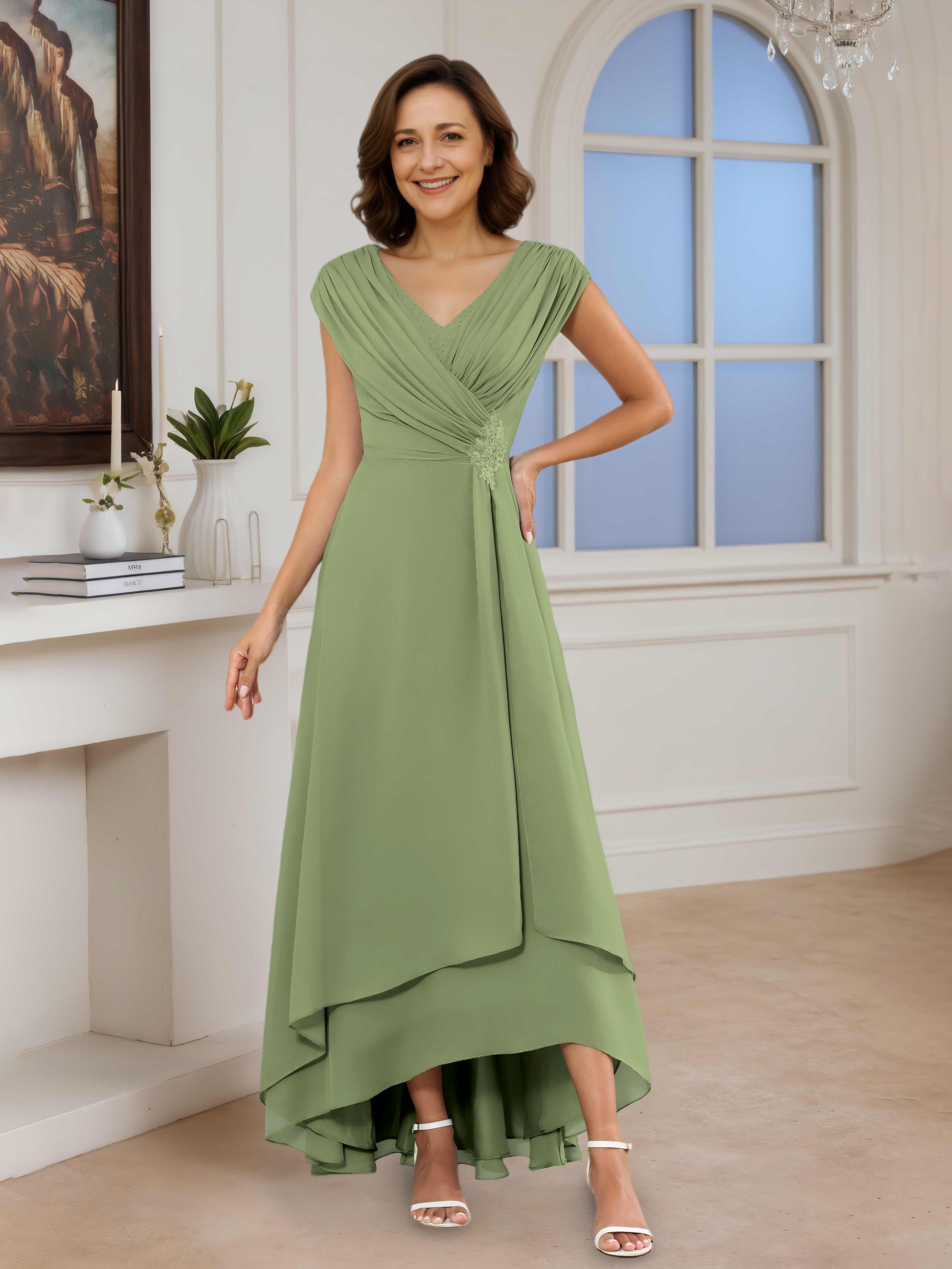 Noraya Modest A-Line V-Neck Beaded Ruched High Low Chiffon Mother Of T Cathnina Noraya Modest A-Line V-Neck Beaded Ruched High Low Chiffon Mother Of T Cathnina