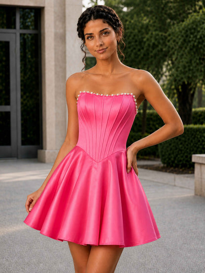 Norevia A-Line Strapless Corset Mini Homecoming Dress with Pearl Trim