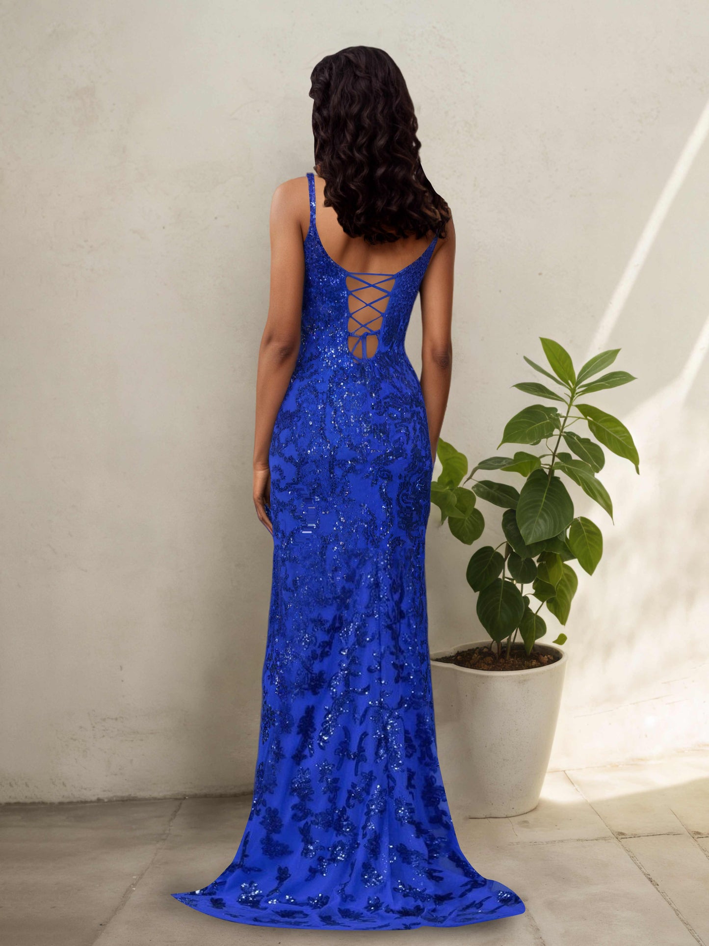 Noriel Sparkly V-neck Sequins Long Sheath Prom Dresses with Slit