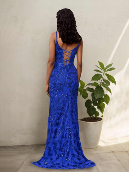 Noriel Sparkly V-neck Sequins Long Sheath Prom Dresses with Slit