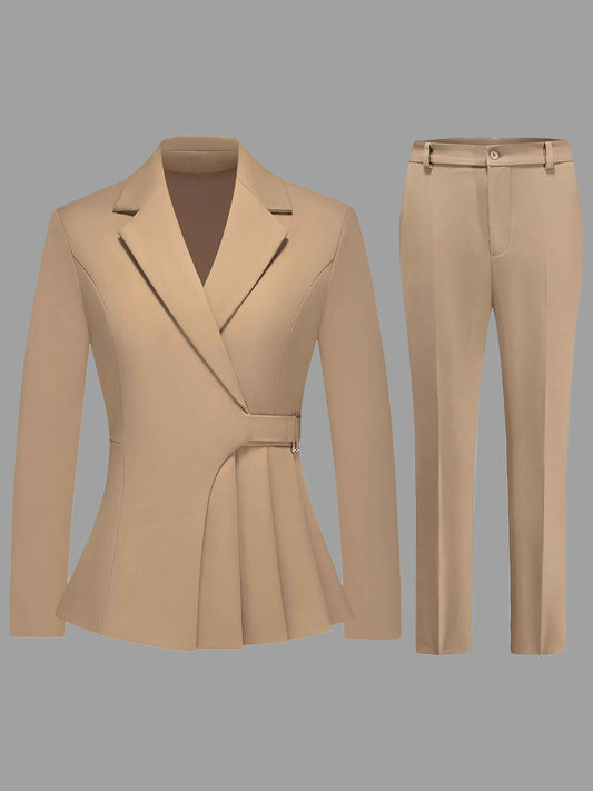 Notch Lapel Women's 2 Pieces Irregular Blazer and Pants Suit Set With Belt