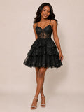Odelia A-Line Spaghetti Straps Sequined Lace Mini Homecoming Dress