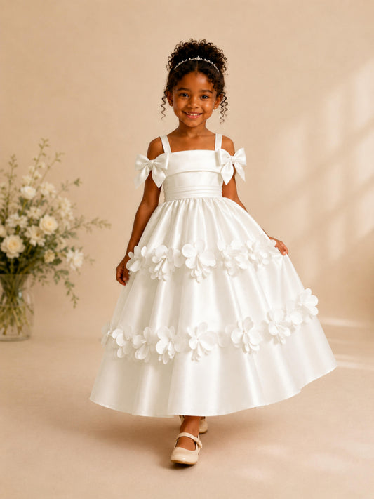 Off Shoulder Bow Satin Flower Girl Dresses with 3D Floral Appliques
