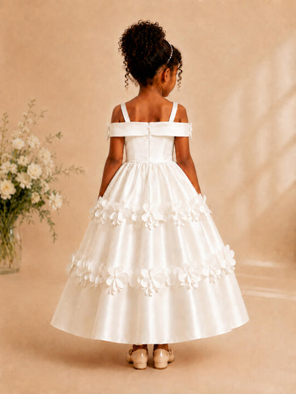 Off Shoulder Bow Satin Flower Girl Dresses with 3D Floral Appliques