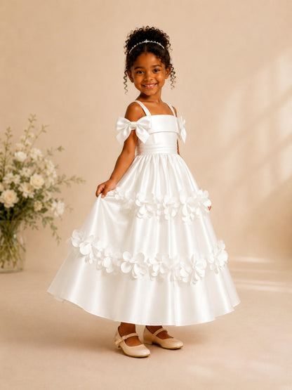Off Shoulder Bow Satin Flower Girl Dresses with 3D Floral Appliques