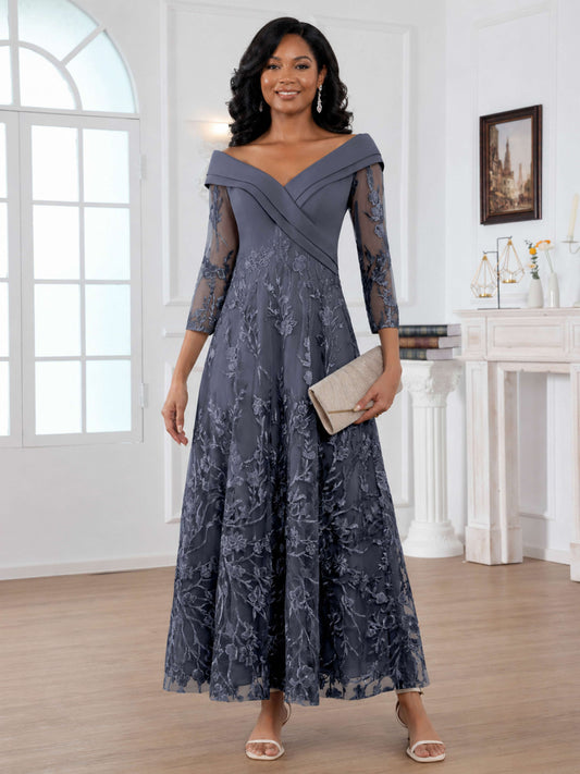 Olvoria Modern A-Line 3/4 Sleeves Ruched Lace Long Chiffon Mother of the Bride Dresses