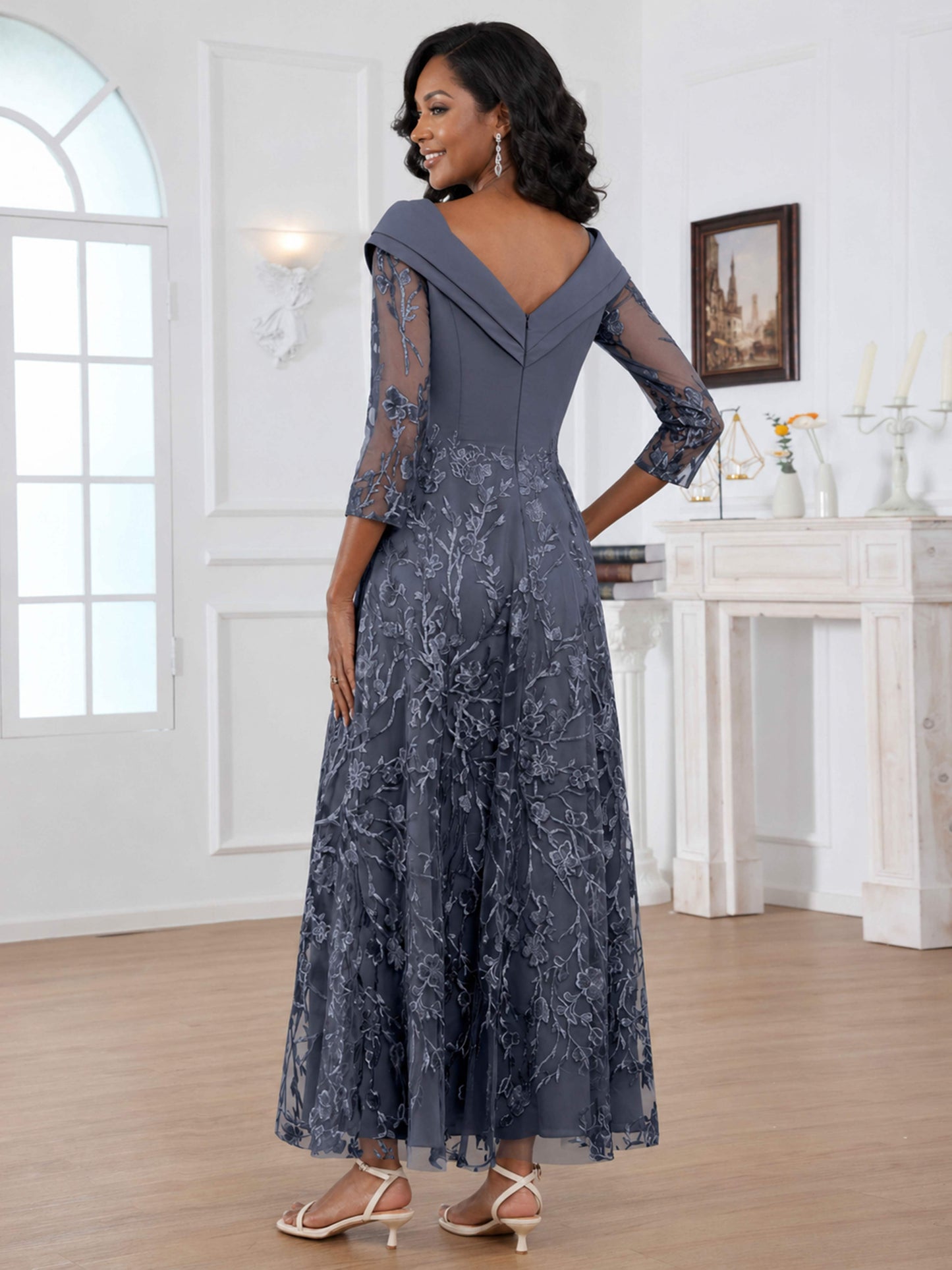 Olvoria Modern A-Line 3/4 Sleeves Ruched Lace Long Chiffon Mother of the Bride Dresses
