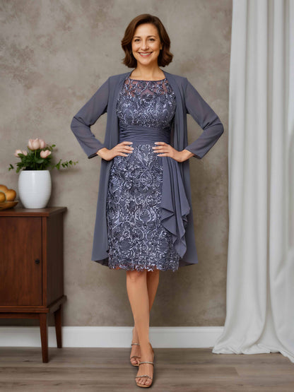 Ondine Elegant Sheath Scoop Short Sleeves Knee-Length Chiffon Mother of the Bride Dresses with Appliques Lace