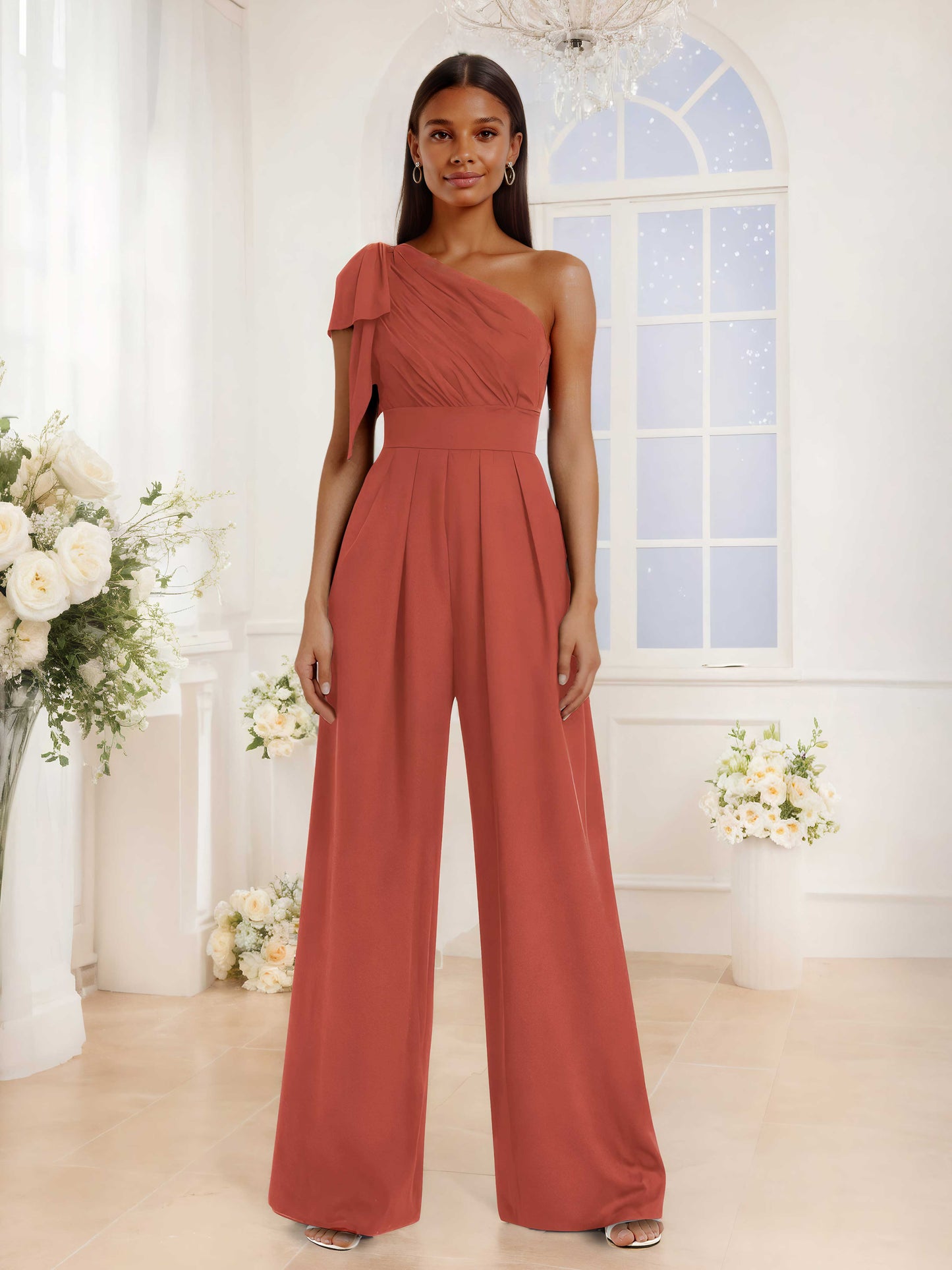 One Shoulder Floor-Length Chiffon Jumpsuits For Bridesmaids
