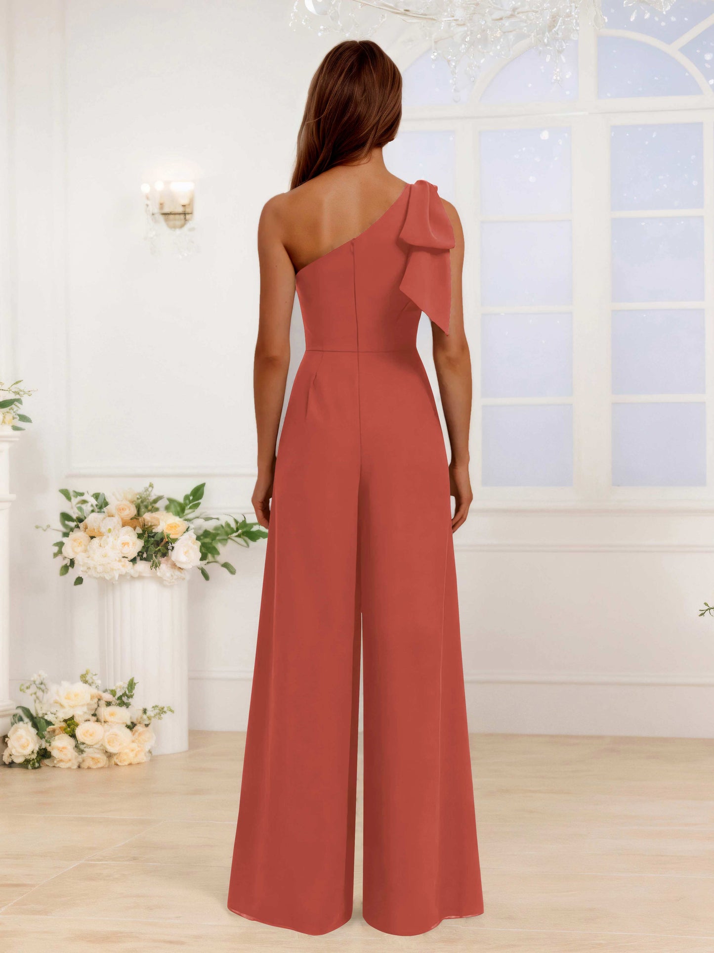 One Shoulder Floor-Length Chiffon Jumpsuits For Bridesmaids