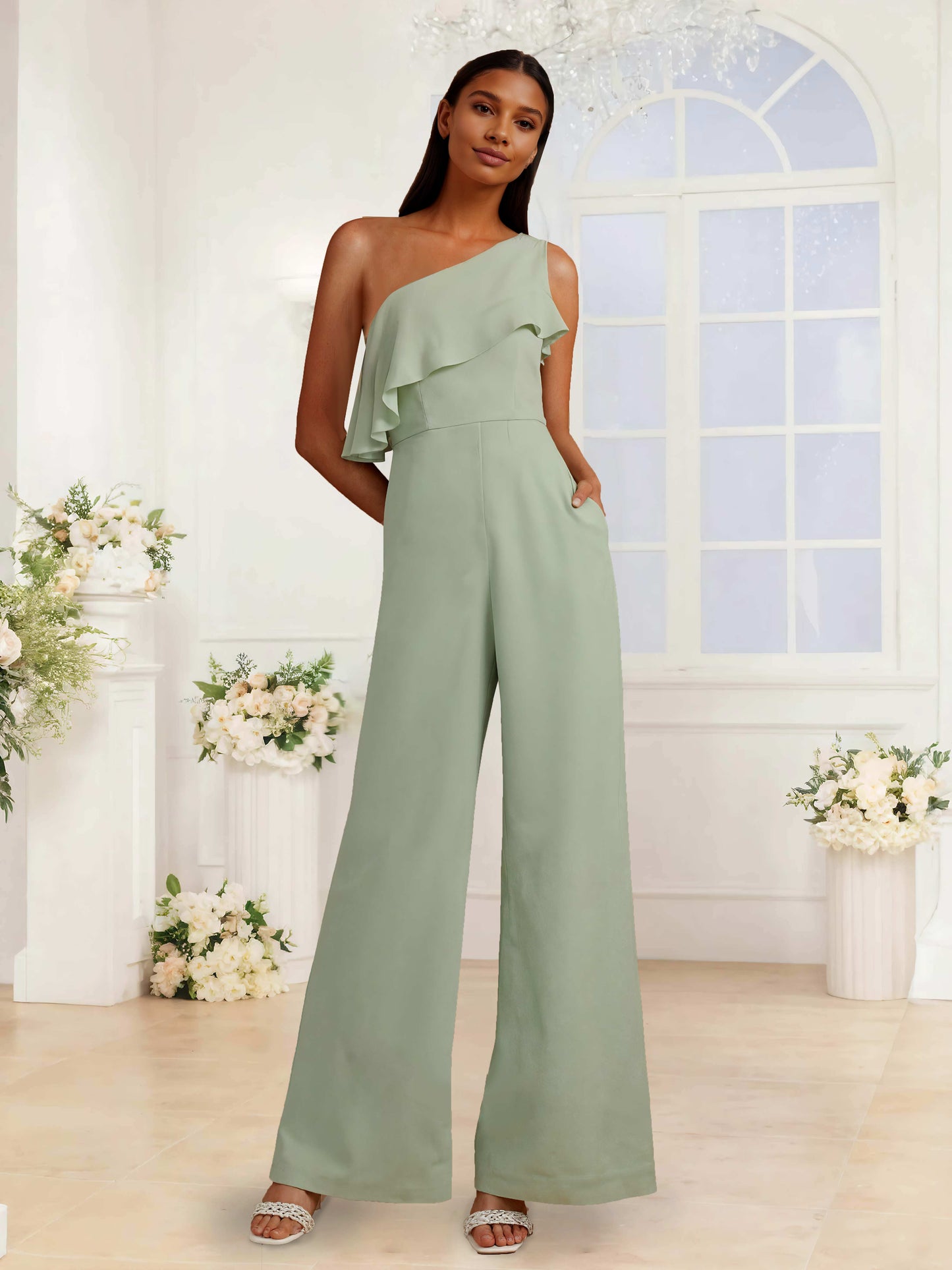 One Shoulder Floor-Length Chiffon Jumpsuits For Bridesmaids With Ruffles