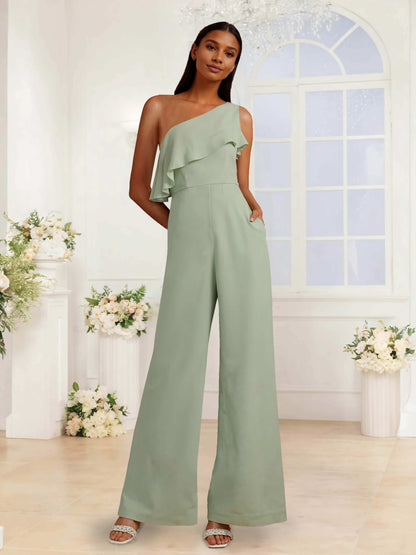 One Shoulder Floor-Length Chiffon Jumpsuits For Bridesmaids With Ruffles