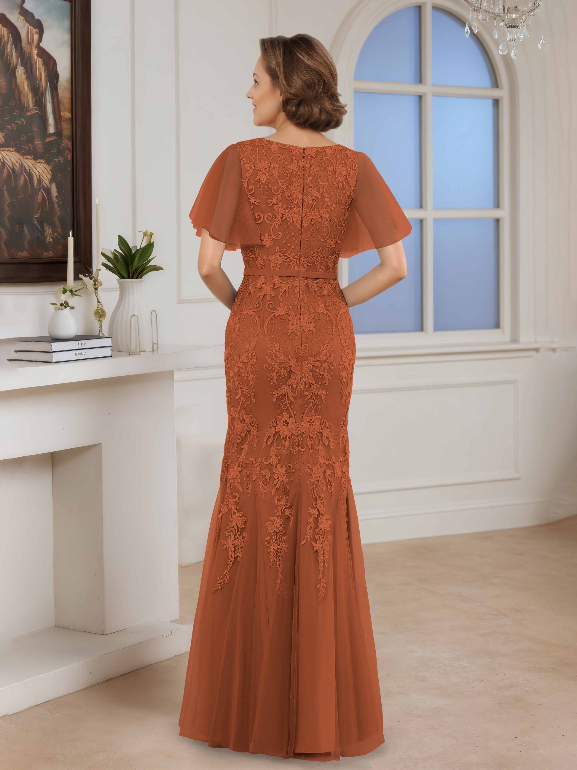 burnt orange mother of bride dress The Dresses Plus Size A Line Chiffon V Neck Ruffle Sleeves Appliques Waist High Low Mother Of The Bride Dresses The appliques add a touch of elegance Mother of The Bride Dresses