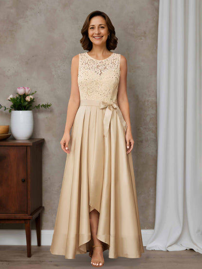 Ovelia Elegant A-line Illusion Lace Appliques Asymmetrical Satin Mother of the Bride Dresses