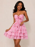 Paisley A-Line Floral Short Homecoming Dresses Strapless with Bow Knot