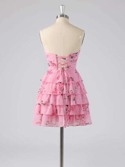 Paisley A-Line Floral Short Homecoming Dresses Strapless with Bow Knot