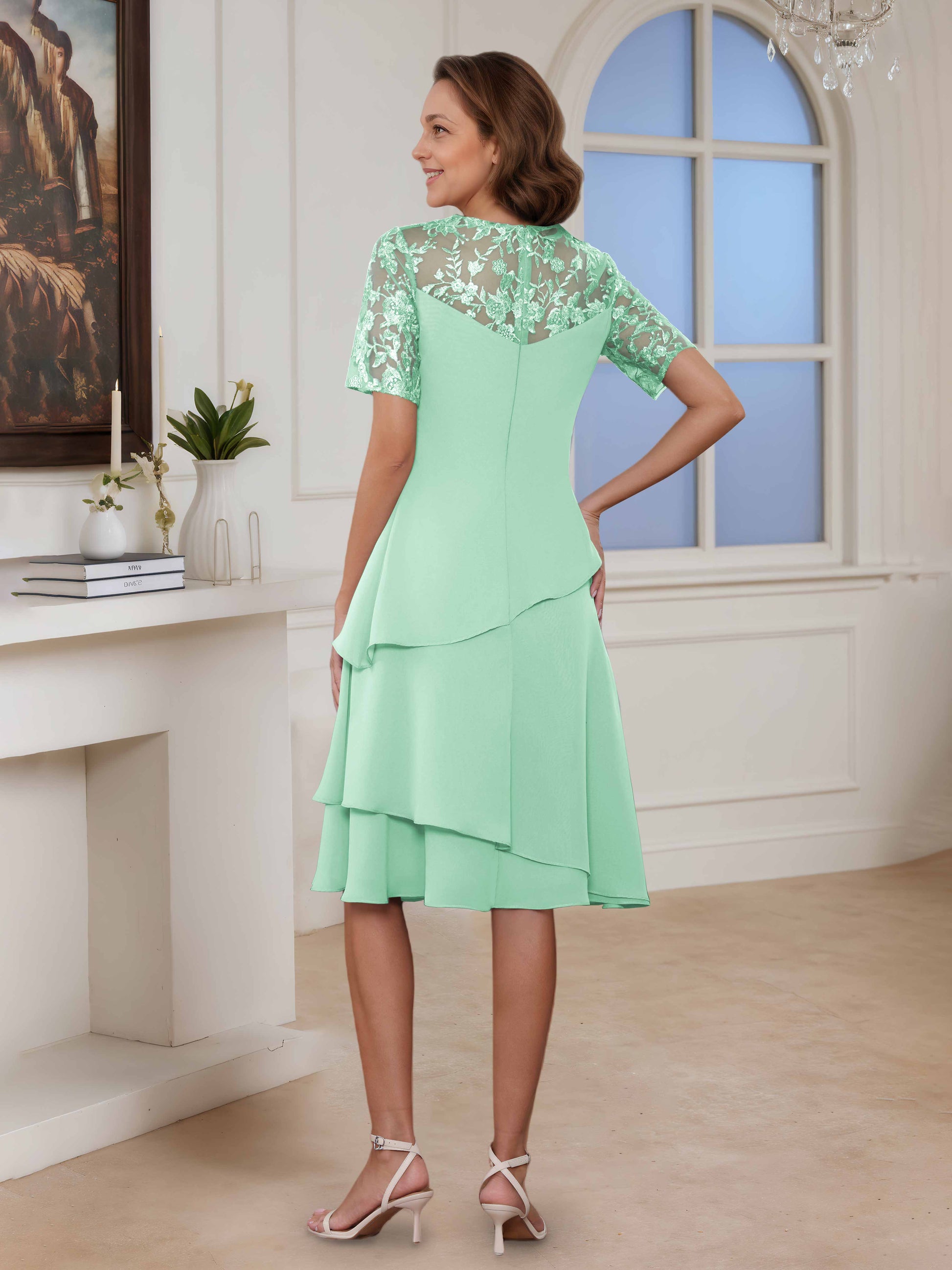 Parisa Elegant A-Line Illusion Lace Chiffon Knee Length Mother of the Cathnina Parisa Elegant A-Line Illusion Lace Chiffon Knee Length Mother of the Cathnina
