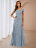 Patricia Graceful Off the Shoulder Pleated Long Lace Chiffon Mother of the Bride Dresses