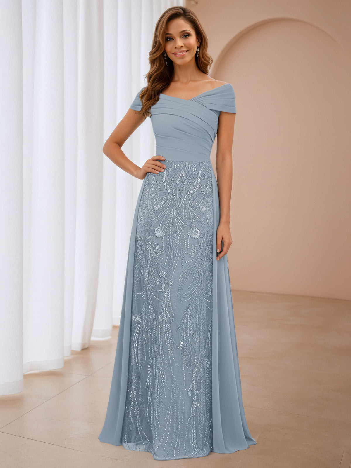 Patricia Graceful Off the Shoulder Pleated Long Lace Chiffon Mother of the Bride Dresses