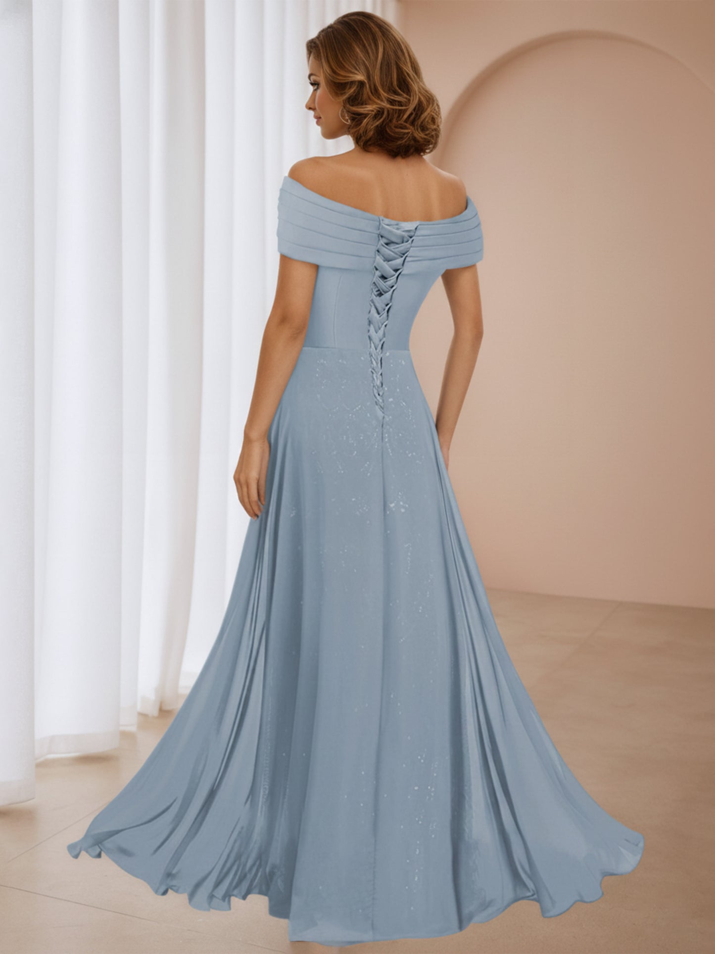 Patricia Graceful Off the Shoulder Pleated Long Lace Chiffon Mother of the Bride Dresses