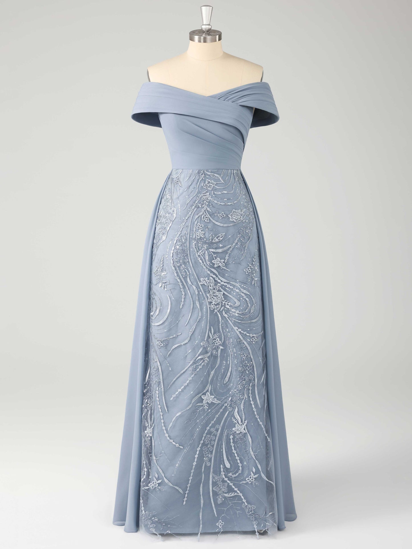 Patricia Graceful Off the Shoulder Pleated Long Lace Chiffon Mother of the Bride Dresses