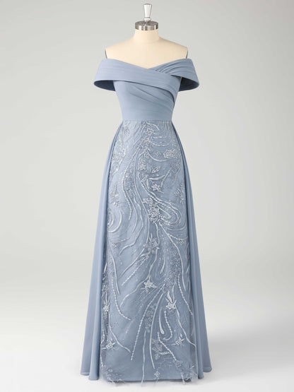 Patricia Graceful Off the Shoulder Pleated Long Lace Chiffon Mother of the Bride Dresses