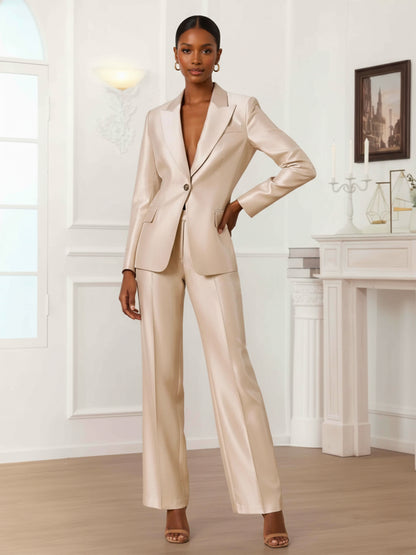 Peak Lapel Double-Breasted Satin Women's 2 Pieces Blazer and Pants Suit Set