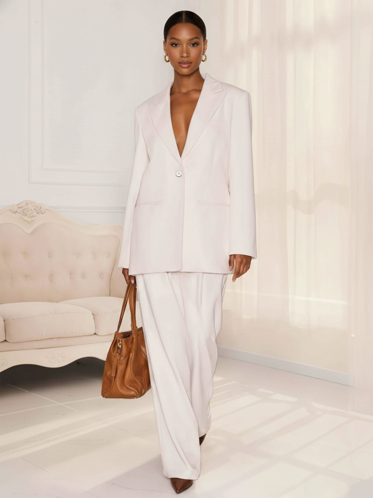 Peak Lapel One Button Women's 2 Pieces Casual Pantsuit Set