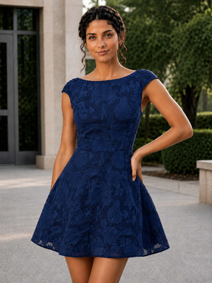 Pirella A-Line Boat Neck Floral Lace Mini Homecoming Dress with Lace-Up Back