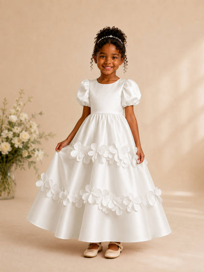 Princess Scoop Neck Satin Flower Girl Dress with 3D Floral Appliques