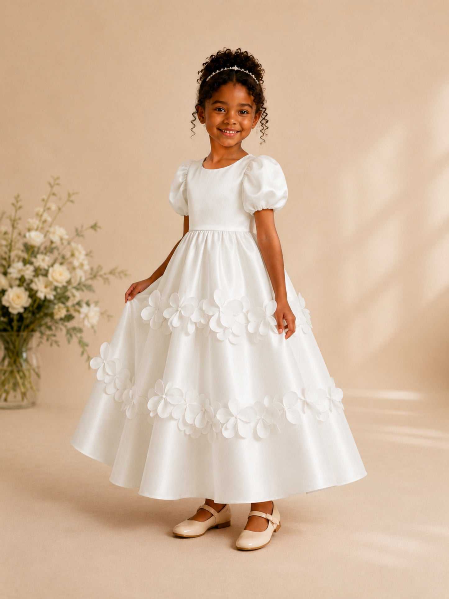 Princess Scoop Neck Satin Flower Girl Dress with 3D Floral Appliques