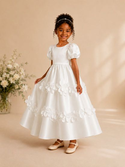 Princess Scoop Neck Satin Flower Girl Dress with 3D Floral Appliques