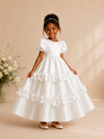 Princess Scoop Neck Satin Flower Girl Dress with 3D Floral Appliques