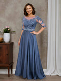 Quenira Graceful A-line Scoop Lace Appliques Long Satin Mother of the Bride Dresses