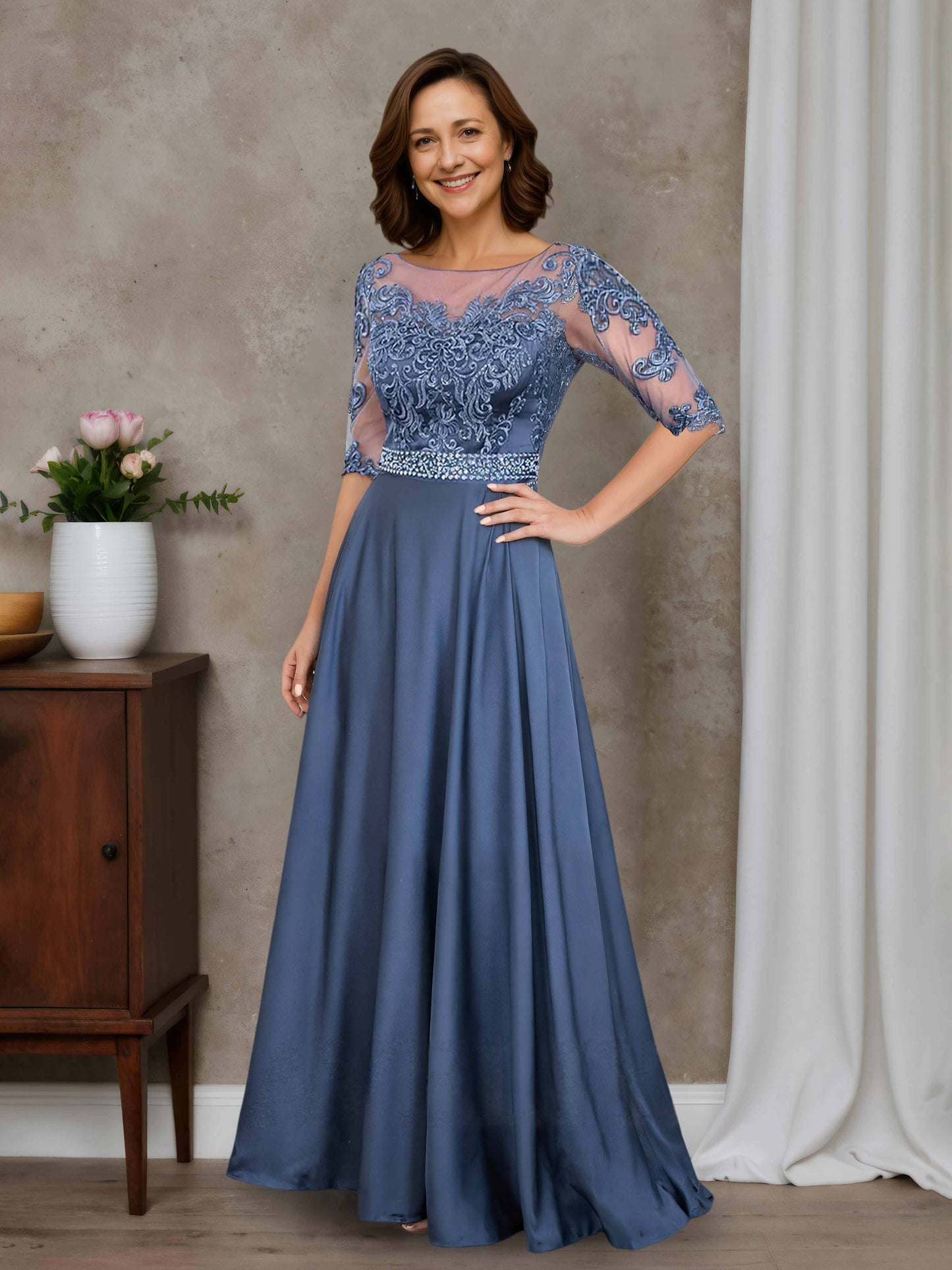 Quenira Graceful A-line Scoop Lace Appliques Long Satin Mother of the Bride Dresses