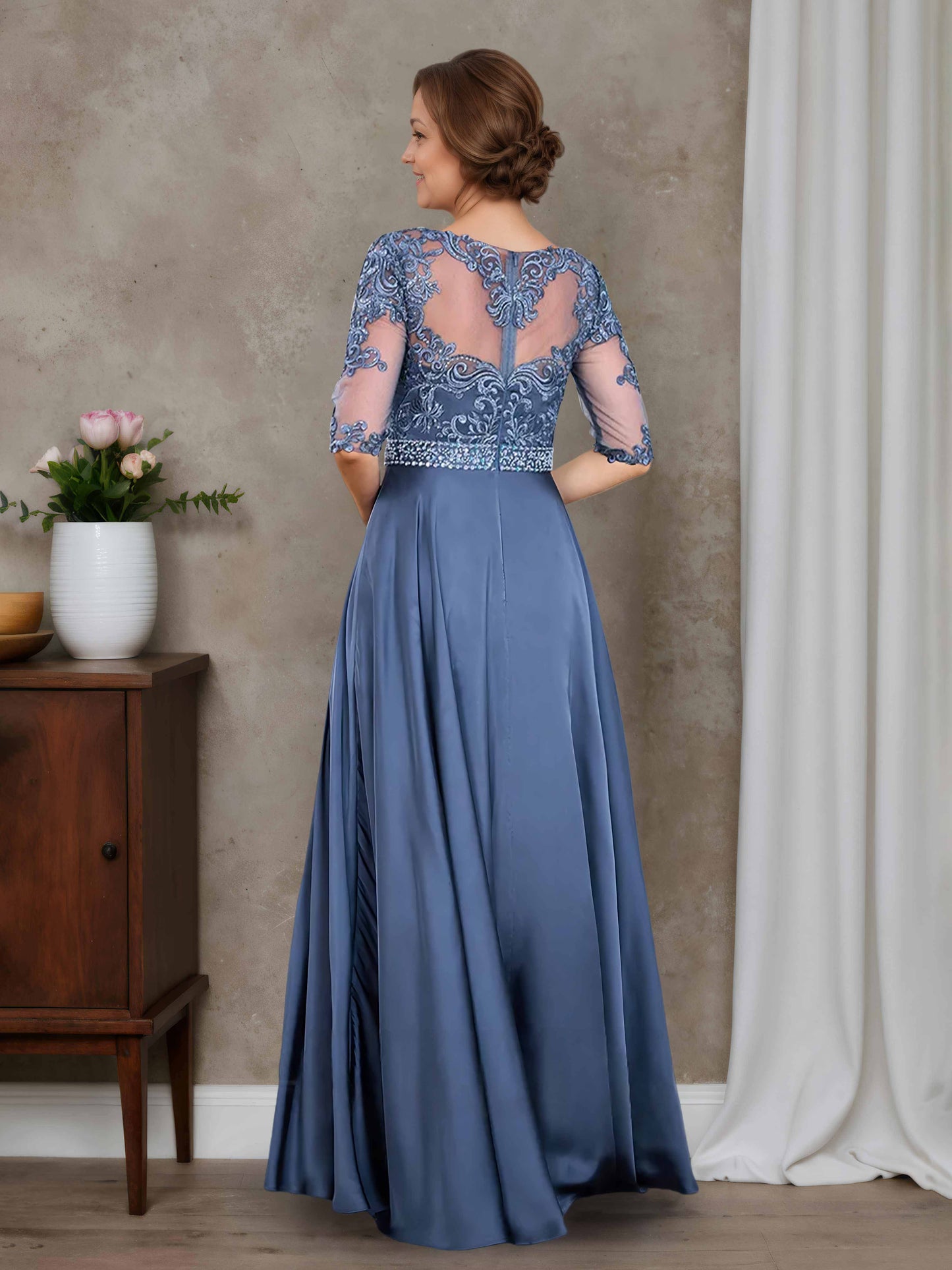 Quenira Graceful A-line Scoop Lace Appliques Long Satin Mother of the Bride Dresses