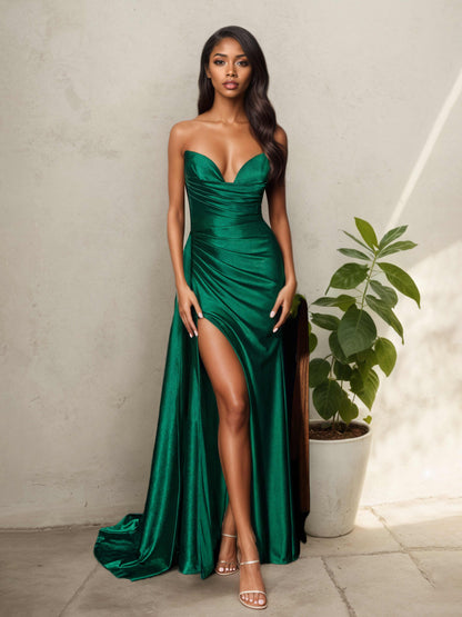 Quenla Delicate Fitted Satin Strapless Prom Dresses with Slit