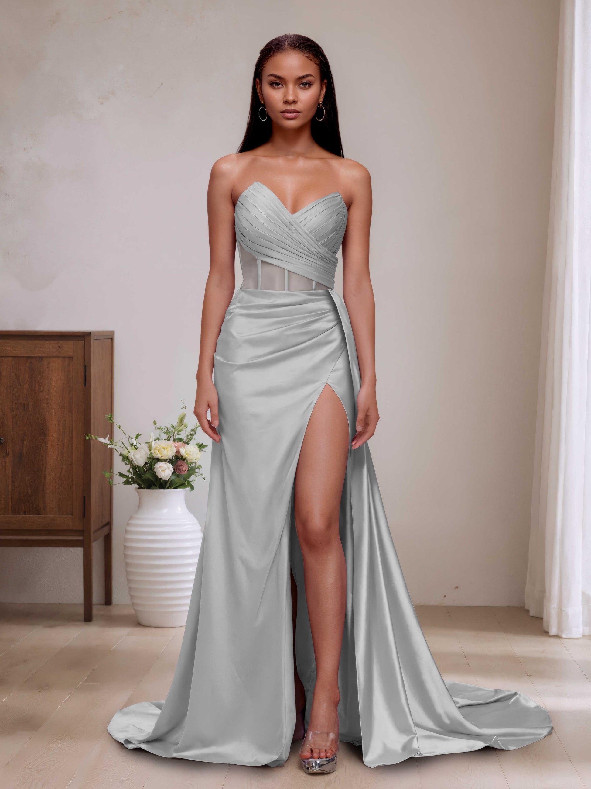 sheer top bridesmaid dress Appliques Sheer Top Panels High Slit Chiffon Beading Bridal Gowns