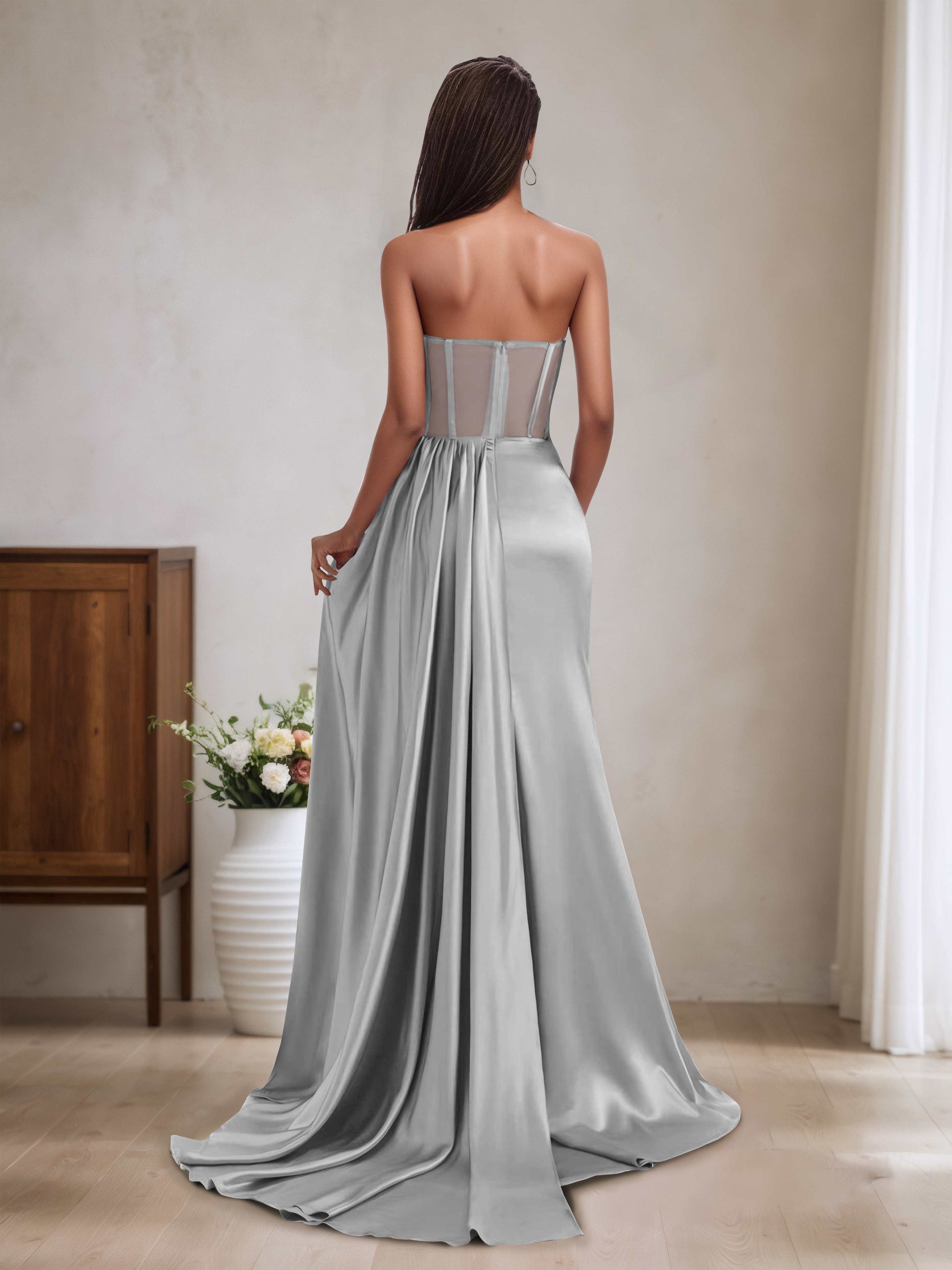 sheer top bridesmaid dress Appliques Sheer Top Panels High Slit Chiffon Beading Bridal Gowns TANYA BRIDAL