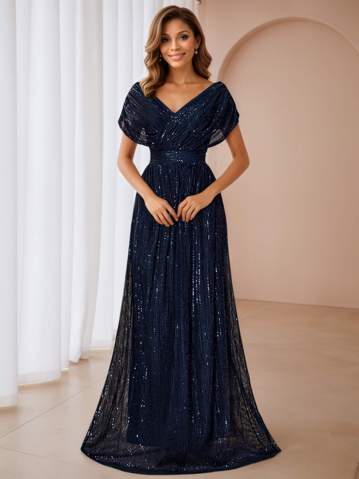 Ralina Modest V Neck Sequins Ruched Floor Length Mother Of The Bride Dresses