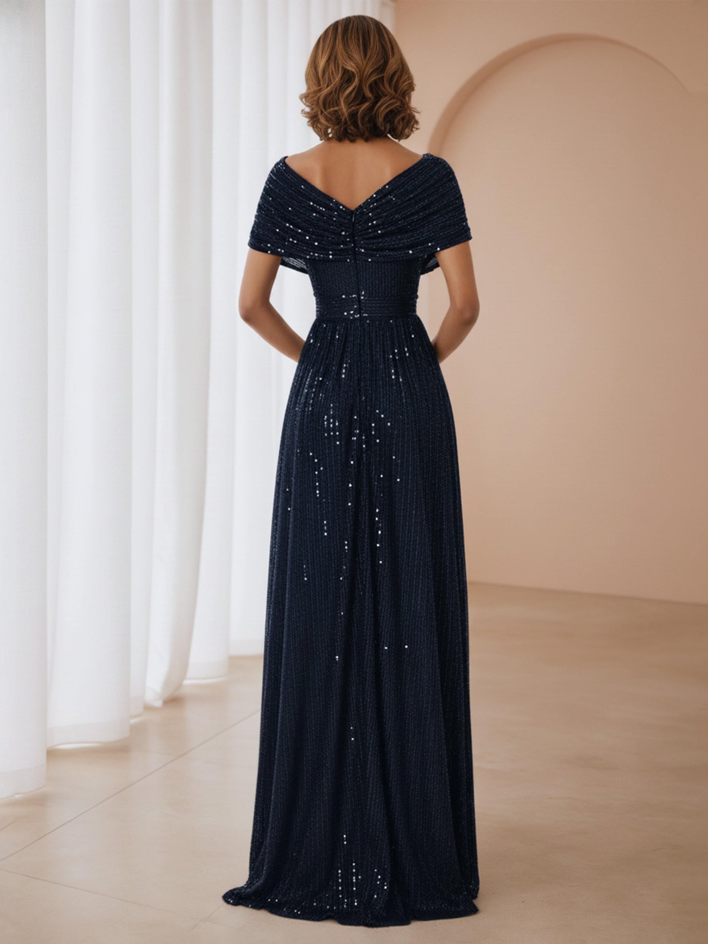 Ralina Modest V Neck Sequins Ruched Floor Length Mother Of The Bride Dresses