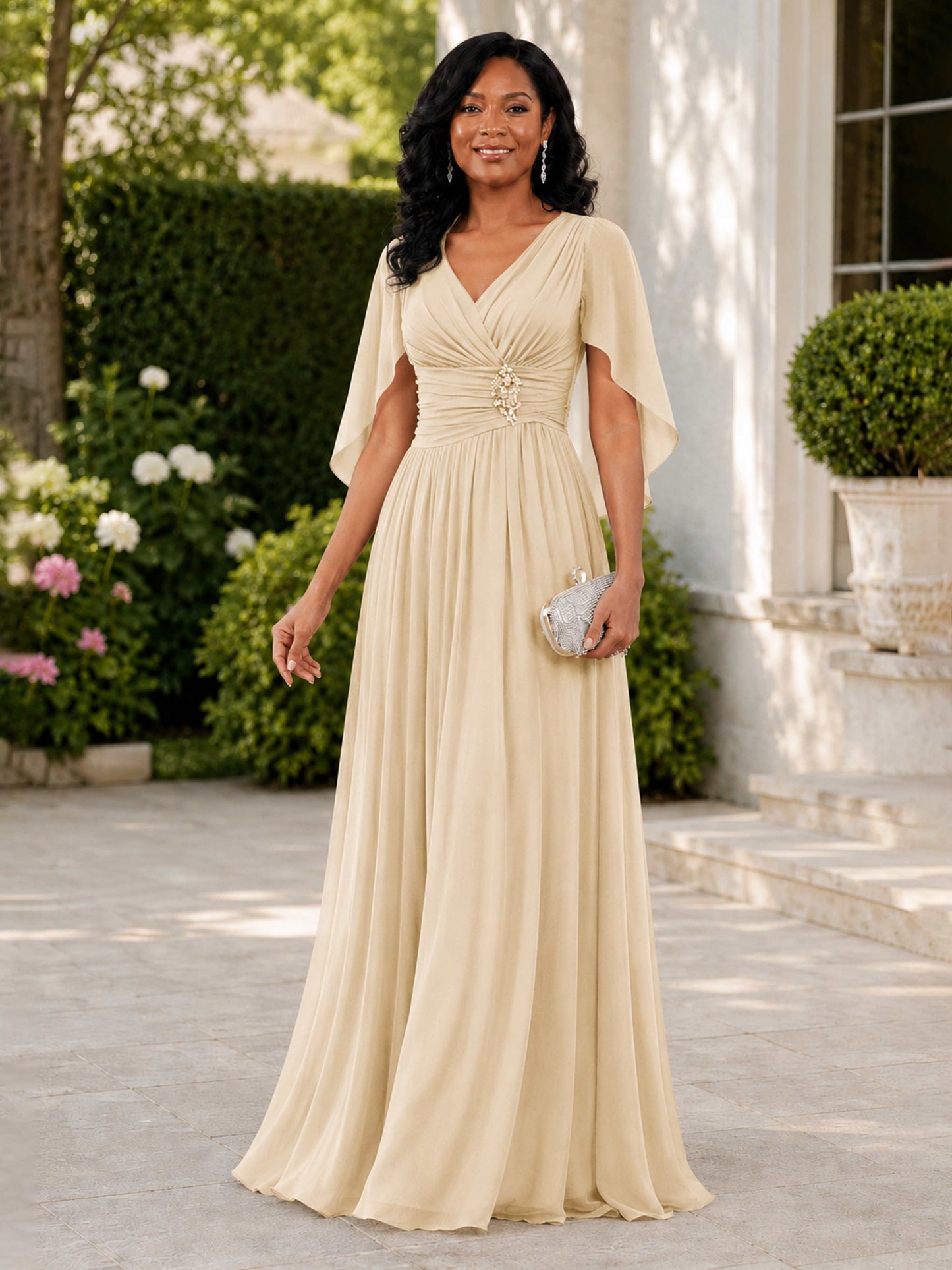 Rebecca A-Line V-Neck Cape Sleeves Ruched Mother of the Bride Dresses