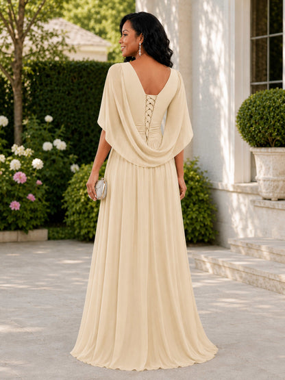 Rebecca A-Line V-Neck Cape Sleeves Ruched Mother of the Bride Dresses
