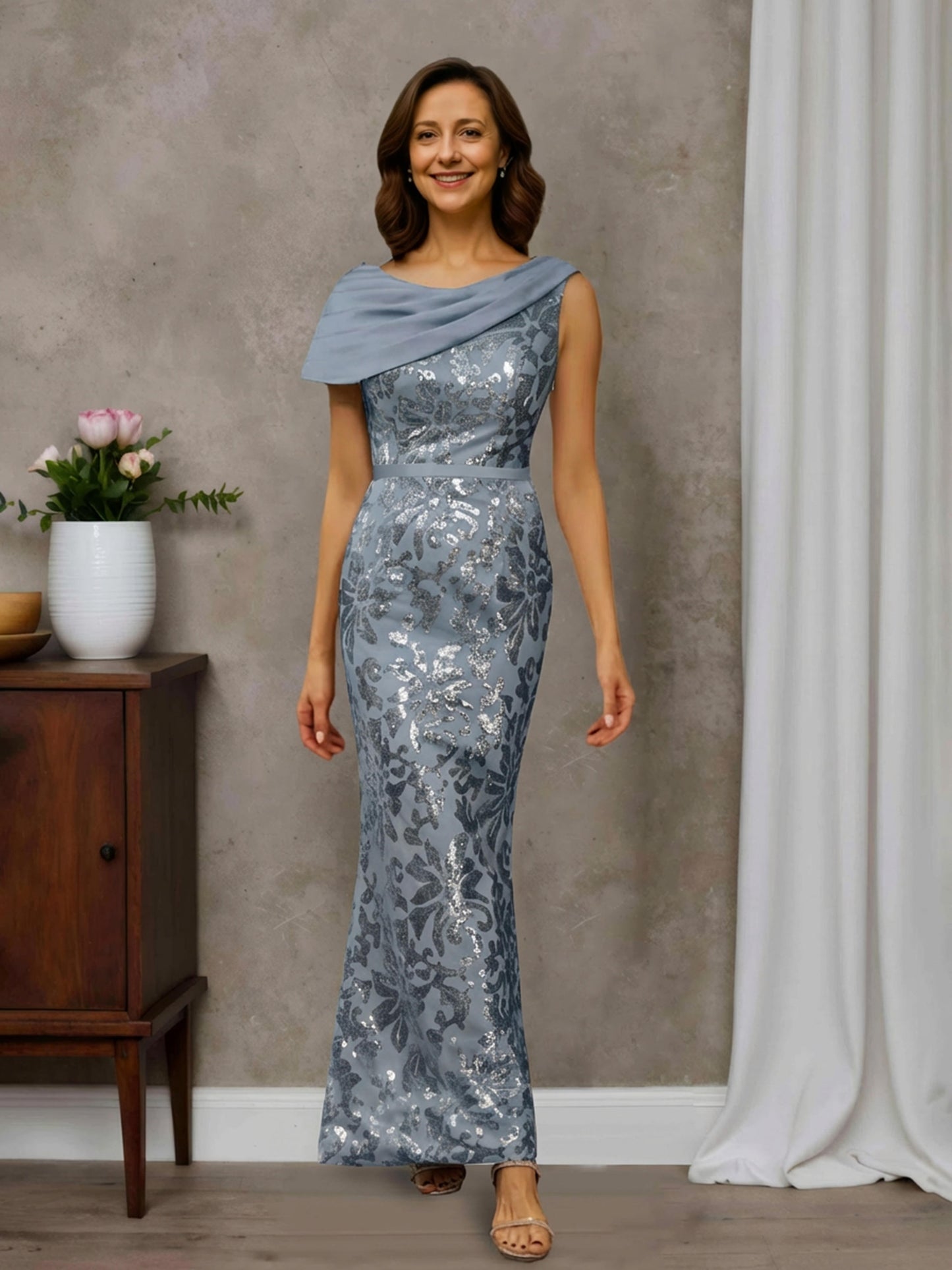 Regalia Classic Sheath Scoop Pleated Floor-Length Satin Mother of the Bride Dresses